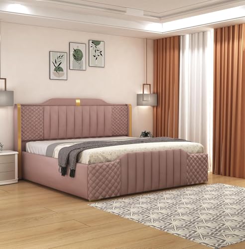 Image of Modern Upholstered King Size Bed with Storage | Double Bed with Box Storage & Upholstery Premium Fabric Headboard | Platform Bed for Bedroom & Hotel | Sheesham Wood, Onion Pink, 6.5 x 6 Ft