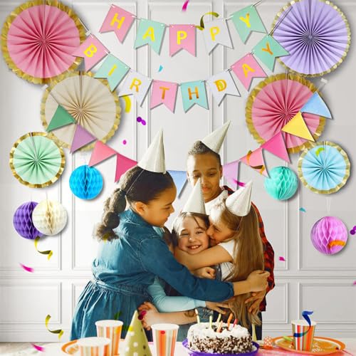 Image of Pastel Birthday Party Decoration, Macaron Happy Birthday Party Decoration for Girls Women with Happy Birthday Banner Bunting Hanging Paper Fans, Girl Woman Pastel Birthday Honeycomb Decoration