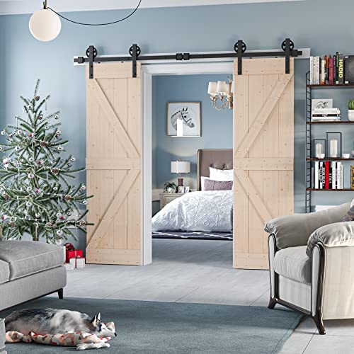 Image of SmartStandard 24in x 84in Sliding Barn Wood Door Pre-Drilled Ready to Assemble, DIY Unfinished Solid Spruce Wood Panelled Slab, Interior Single Door, Natural, Frameless K-Shape (Fit 4FT Rail)