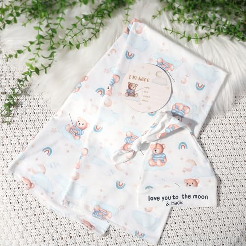 Image of Ylsteed Baby Swaddle Blanket and Headband Set, Newborn Receiving Blanket Swaddle Wrap for Girls and Boys, Swaddling Blankets Neutral for Newborn， Soft and Skin-Friendly 32 * 32 inches (Blue Bear)