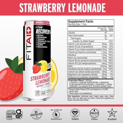 Image of FITAID Post Workout Recovery Drink, Strawberry Lemonade, BCAAs, Glucosamine, Electrolytes, All In One Can, Paleo, Vegan & Gluten-Free, 40 Calories, 12 Fl Oz (Pack of 12)