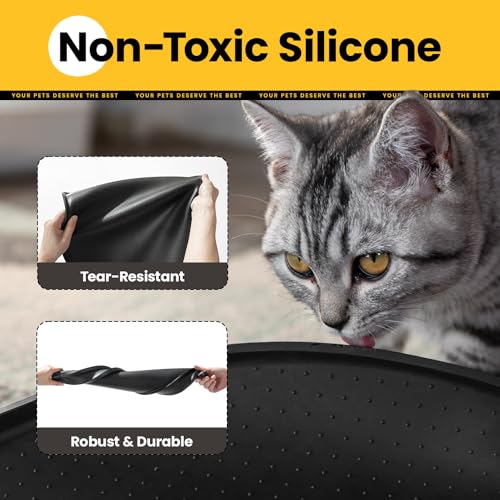 Conlun Napfunterlage Hund,1,2cm Hohe Ränder Futtermatte Katzen zur Vermeidung von Verschüttungen,BPA-Freie Silikonmatte mit Rand Gummi-Hundenapf Unterlage für Futter-und Wassernäpfe(Schwarz,48x30cm)HS