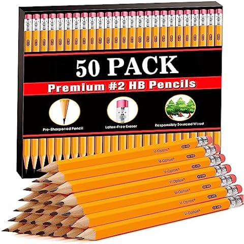 V-Opitos Wood-Cased #2 HB Pencils, 50 Pack Pre-Sharpened Pencils with Top Erasers, Bulk Yellow Pencils for School Teacher Supplies, Writing, Drawing and Sketching Cover