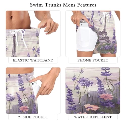xigua Eiffel Tower Lavender Mens Swim Trunks with Liner, 5 inch Quick Dry Mens Boardshorts for Beach3