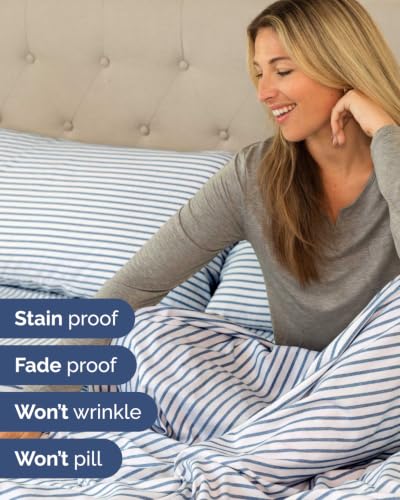 Image of Extra Deep Flex Top Split Head King Sheet Set - 6 Piece Breathable and Cooling Sheets - Hotel Luxury Bedding for Women, Men, Kids & Teens - Easy Secure Fit - Extra Deep Pockets - Blue Stripes 2