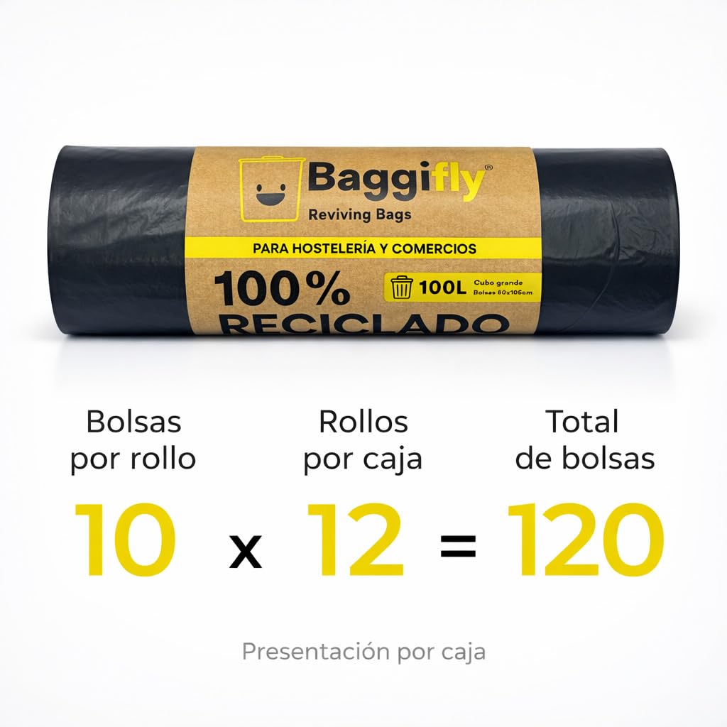 Baggifly, Bolsas de Basura 100L, 120 Bolsas Súper Resistentes, 100% Recicladas, ECO Friendly, Hostelería, Comercios y Jardinería, Pack 12 x 10, Fabricado en España