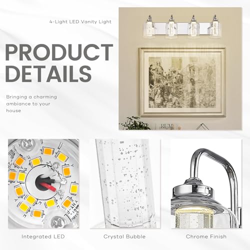 Image of zeyu 4-Light Dimmable Vanity Lighting Fixture, 20W LED Bathroom Vanity Light, Adjustable 3CCT 3000K /4000K /5000K, Chrome Finish with Crystal Bubble and Clear Glass, ZSL72B-4W LED CH-1