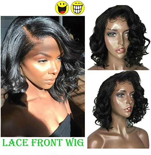 Short Body Deep Wave Bob Style Synthetic Lace Front Wigs Heat Resistant Fiber Wig Natural Hairline Glueless with Baby Hair for Women (Nutural Black 14nch)