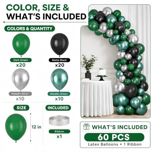 Image of Green Black Balloons Metallic Green Silver Balloons for Graduation Party Decorations Jungle Wild Theme Birthday Decor 60PCS 12INCH Green Black Silver Helium Latex Balloons