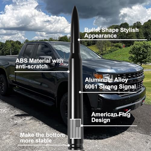 Image of Car Truck Bullet Antenna with Tire Valve Caps American Flag Universal Short Replacement for GMC Sierra Chevy Silverado Dodge Ram 1500 2500 3500 Ford F150 F250 F350 Super Duty Raptor Accessories, Black
