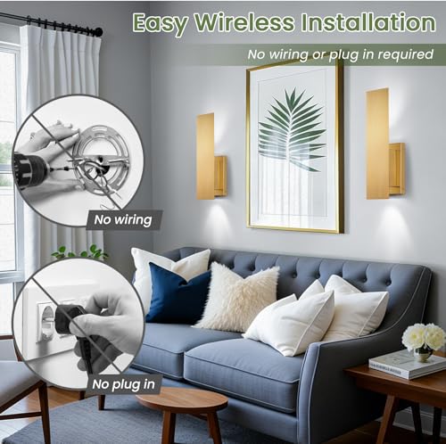 Image of Gold Wireless Wall Sconces Set of Two,3000K-6000K Dimmable Battery Operated Wall Sconce with Remote,USB Rechargeable LED Wall Lights for Living Room Bedroom Hallway