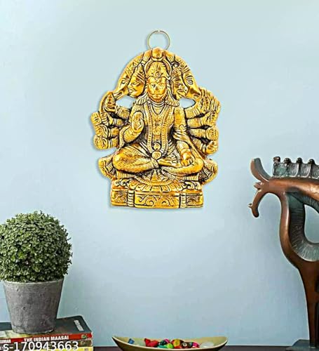 Image of Wall Hanging Metal Panchmukhi Hanuman On Leaf for Door Entrance Statue Wall Hanging Showpiece,Hanuman ji Idol Statue for Home and Office Decor Showpiece Gift (Gold, Height-14 CM)