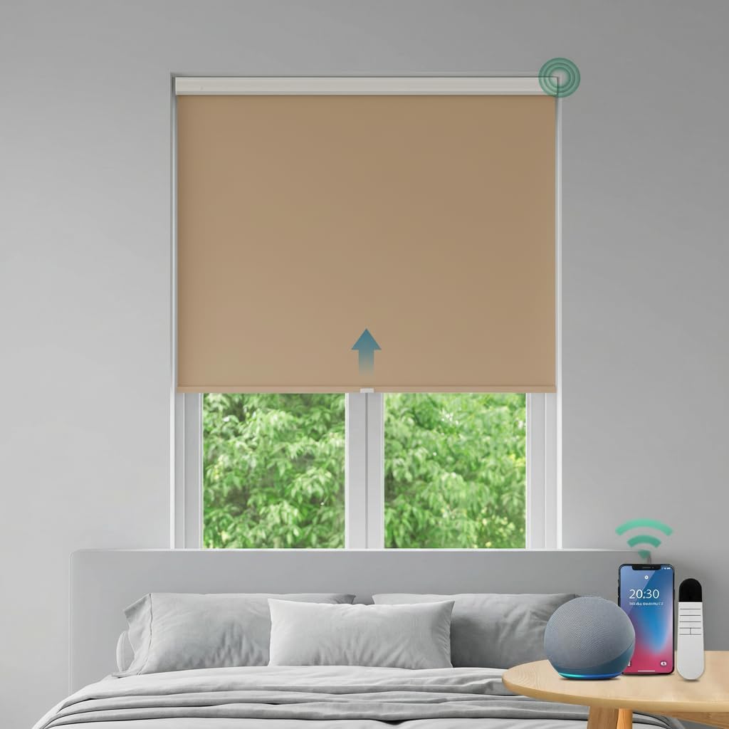 Shade&Beyond No Drill Motorized Cellular Shades,Smart Blackout Honeycomb Blinds with Remote, Rechargeable Smart Blinds &Rechargeable Battery, for Bedroom Window Home Office Camel (Customizable)