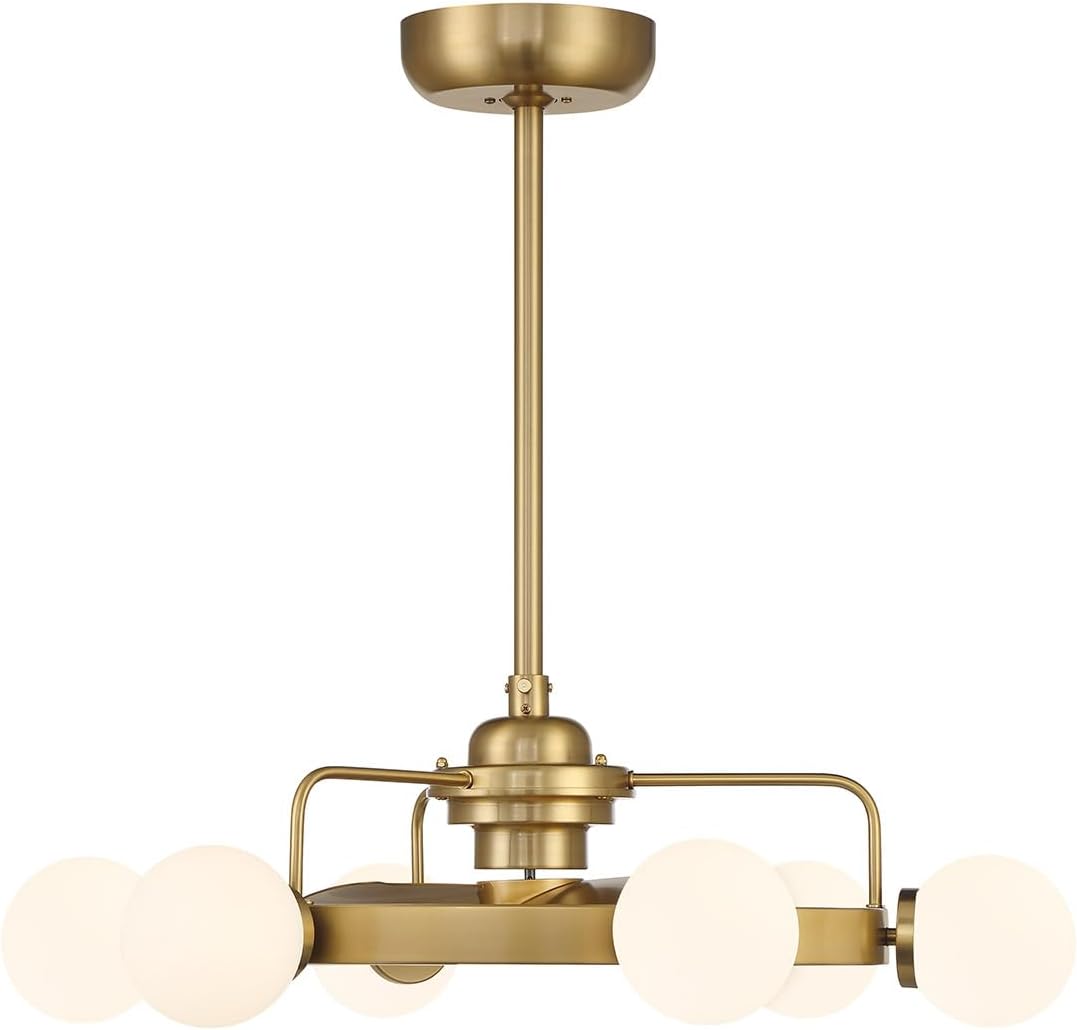 Savoy House 30-FD-345-322 Gibson Fandelier Mid-Century Modern Opal Glass Orb Chandelier Ceiling Fan with Light and Remote, Integrated LED 6-Light 36 Total Watts, 10" H x 30" W, Warm Brass
