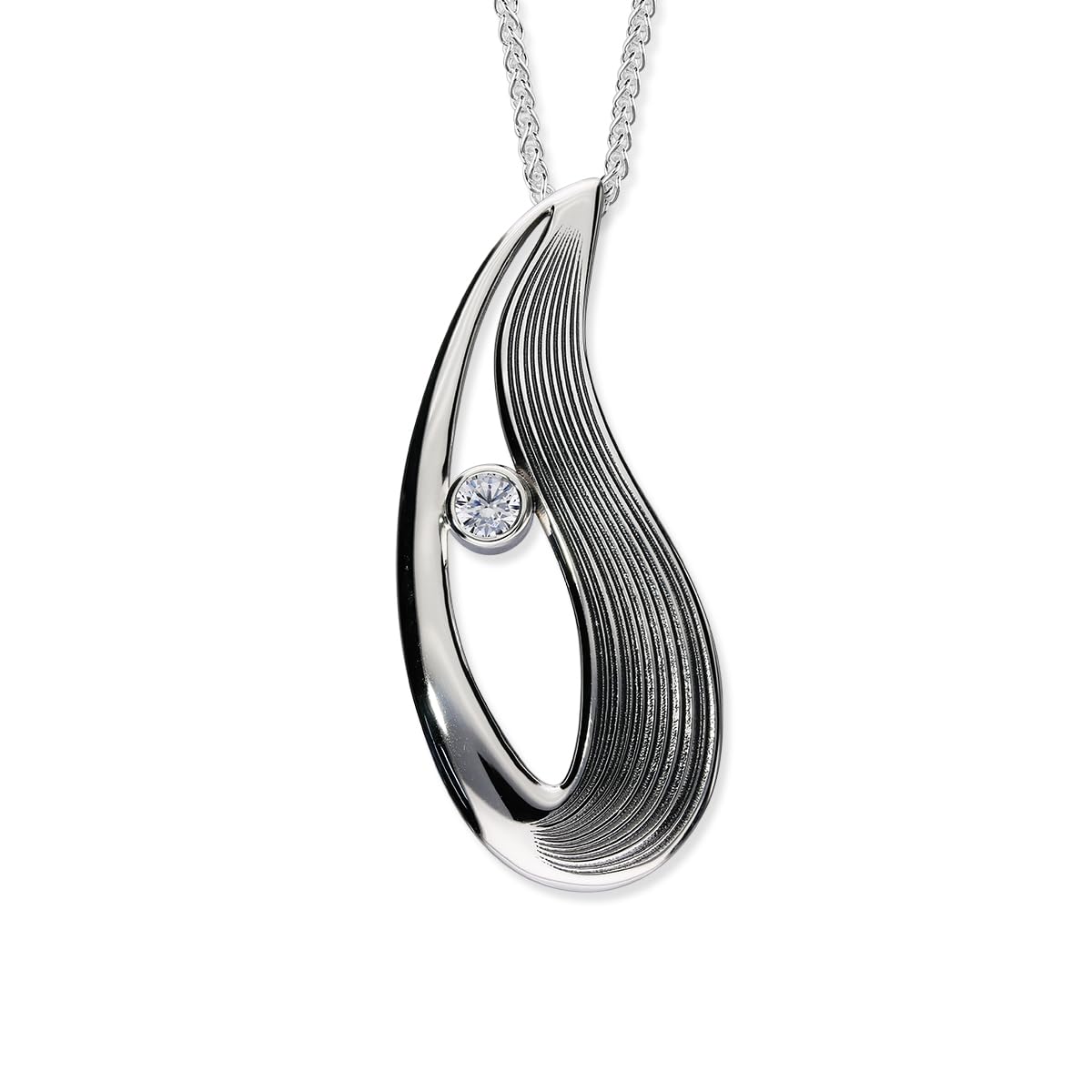 ORTAK 925 Sterling Silver Handmade Pendant Necklace | High Polished | Hand Oxidised | Featuring Lustering Cubic Zirconia | Tide Inspired Design | Fine Jewellery | Made In Scotland