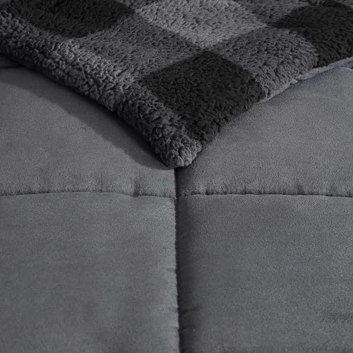 Image of Eddie Bauer - Twin Comforter Set, Microsuede Bedding with Soft Plush Faux Shearling Reverse, 2 Piece Bed Set with Matching Pillowcase (Cabin Plaid Grey)