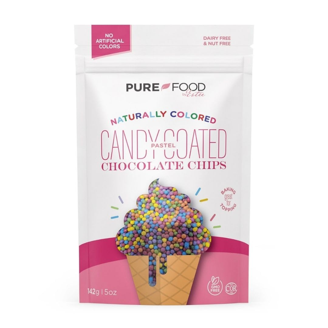 Pure Food By Estee Natural Pastel Colors Rainbow Candy Coated Chocolate Chips, 5oz | Cosmic Brownie Sprinkles | Vegan Chocolate | Natural Color Sprinkles | Mini Colored Chocolate Chips for Baking | Soy Free, Gluten Free, Dairy Free, Nut Free