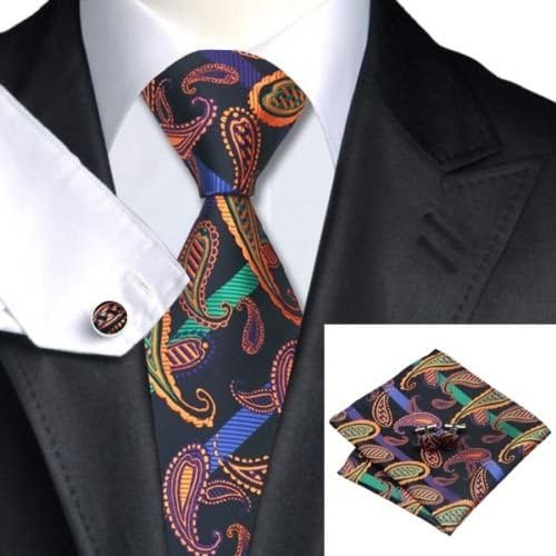 Allan Collection :New Classic 100% Silk Necktie, Handkerchief and Cufflinks Set - Paisley Rainbow