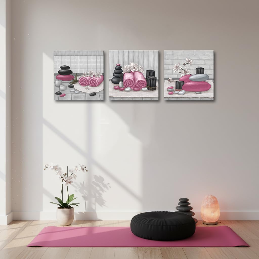 RnnJoile Spa Canvas Wall Art Zen Stone Orchid Picture Painting Hot Pink Still Life Prints for Bathroom Zen Meditation Room Decor Framed 12"x12" for Each