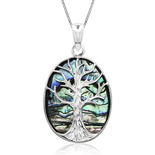 Honolulu Jewelry Company Sterling Silver Abalone Paua Shell Tree of Life Necklace Pendant with 18" Box Chain (29 Millimeters)