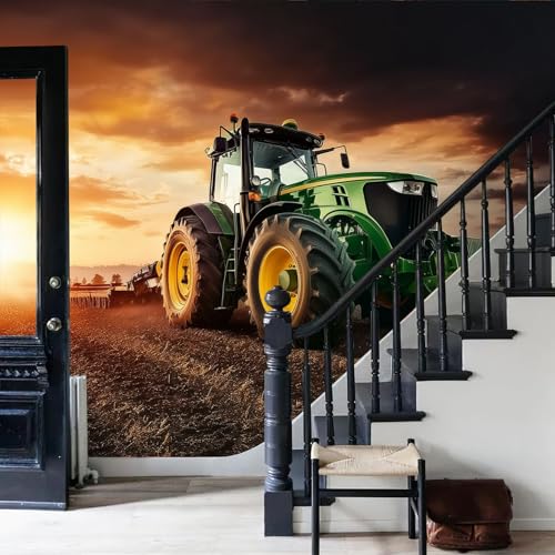 Fotomurales de pared de seda para tapar imperfecciones con paisaje de tractor en tonos naranja 6
