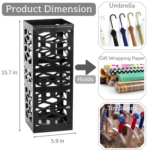 ZENFUN Metal Umbrella Holder Stand for Entryway, Square Umbrella Organizer, Walking Sticks Storage Bin Freestanding for Home, Office, Hotel, Black, 5.9 x 5.9 x 15.7 Inches - Thumbnail 2