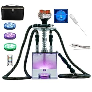 2 Hose Hookah Set,Portable Micro Modern Cube Acrylic Hookah with Silicone Hookah Bowl Two Leather Hose Coal Tongs Aluminum Stem,Cube Hookah with Remoted LED Light Custom Storage Bag and Cleaning Brush