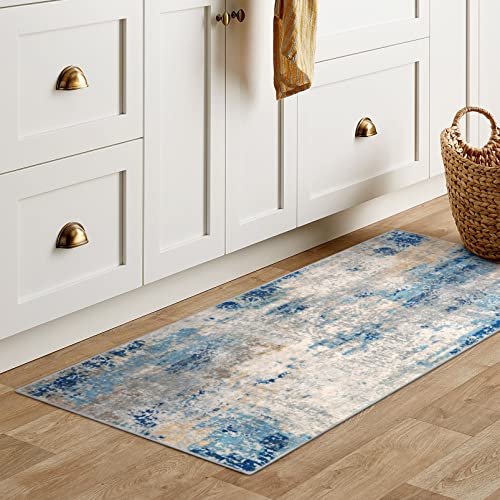 Lahome Modern Abstract Laundry Rug Runner, 2x4.3 Washable Throw Carpet Runner for Entryway, Soft Non-Slip Indoor Mat Runner Rug for Kitchen Master Bedroom Living Room Seat Door, Blue/Yellow/Ivory