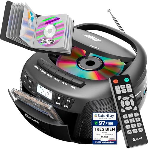 KLIM Lecteur CD & Lecteur Cassette Audio avec étui, AM/FM Poste Radio CD, Lecteur CD Bluetooth, Son stéréo, Télécommande, Enregistrement de Cassettes,...