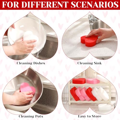 Image of Tioncy 12 Pack Heart Kitchen Sponges Bulk Dual Sided Scrubber Sponges Dishwashing White Pink Kitchen Cleaning Accessories for Household Supplies
