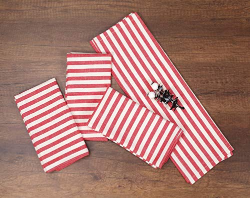 Linen Hub 12 Pack 100% Cotton Cloth Dinner Napkins 17X17 Farmhouse Stripe, Soft Absorbent Restaurant Hotel Quality, Everyday Use Easy Care Machine Washable Wedding Dinner Napkins Red #TOP1