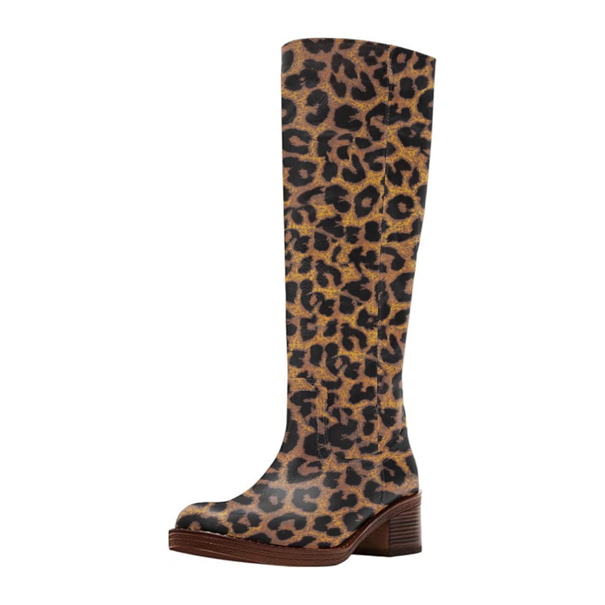 FOWT Women Platform Round Toe Calf High Boots Chunky Block Low Heel Riding Boots Pull on Wide Calf