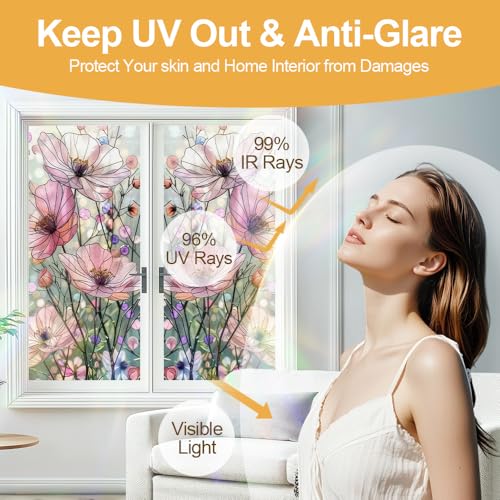 Image of Pink Cosmos Floral Stained Glass Window Film 17.32x39.37in