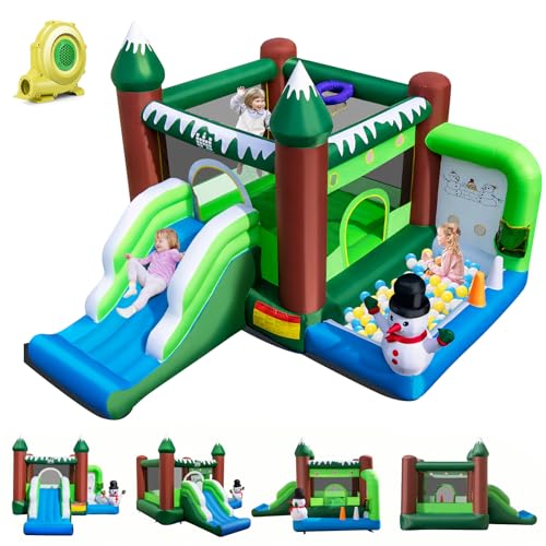 GOPLUS Château Gonflable Enfants, Toboggan, Fosse à balles, Panier de Basket-Ball, Trous de Lancement, Lancer d'anneaux, Décoration Bonhomme de Neige, souffleur 680W, intérieur/extérieur