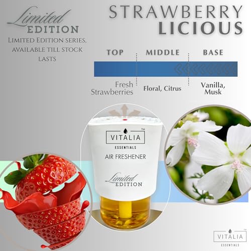 Image of Vitalia Essentials Air Freshener Refill Pack | Room & Bathroom Freshener Refill | 8X Concentrated Formula | 360-Degree Balanced Fragrance Release | Compatible with Other Machines (Strawberry Licious)