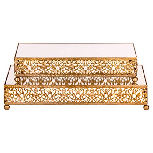 Amalfi Decor Cake Stand Dessert Tray, Rectangle Metal Pedestal Holder, Gold, Set of 2
