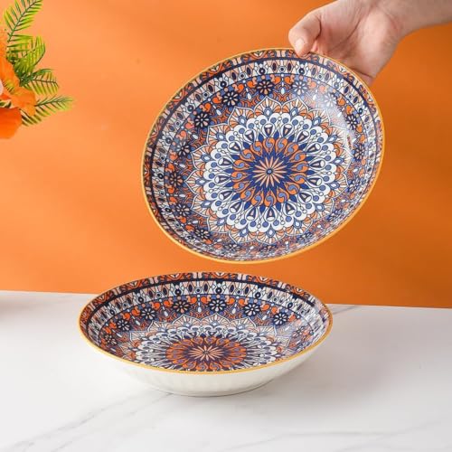 Image of Ceramic Pasta Plates, Shallow Serving Plate with Blue & Orange Mandala Design, Wide Rim Dinner Bowl for Pasta, Salad, Soup, Snacks & Desserts, Elegant Tableware (Mandala Pattern, Pack of 4)
