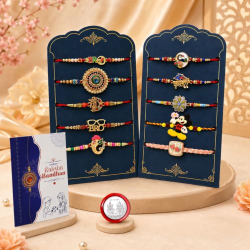 Image of Periapt Rakhi Gift Set for Brother & Bhabhi - Traditional Rakhis with Silver Coin & Greeting Card - Combo for Raksha Bandhan