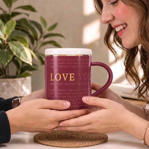 Image of BonZeal Love You Ceramic Coffee Mug with Lid & Gold Spoon, 350 ml, Romantic Gift Mug for Wife, Husband, Girlfriend, Boyfriend, Anniversary, Birthday, Valentine's Day, Tea & Coffee Cup