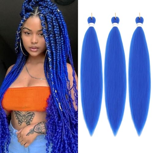 Alremyssy Blue Braiding Hair Pre Stretched 30 Inches Easy Braiding Hair Yaki Texture 3 Packs/Lot Hot Water Setting Professional Synthetic Hair Extensions