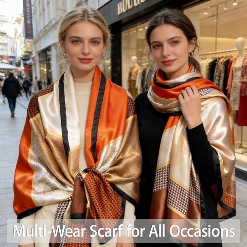 DiaryYomi Fashion Large Satin Scarf for Women,Classic Checked Long Shawls and Wraps Lightweight Orange Neck Scarf Beach Hijab for Anniversary Thanksgiving Day Gift(Style 16) — view 5