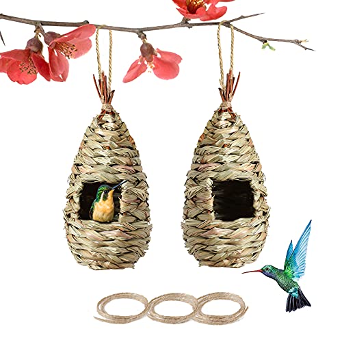 PiiSheou 2 Pack Humming Bird House, Natural Grass Hummingbird Nesting House with Rope, Large Audubon Finch Canary Robin Bird House for Outside Hanging, Indoor Outdoor Bird House Decorations