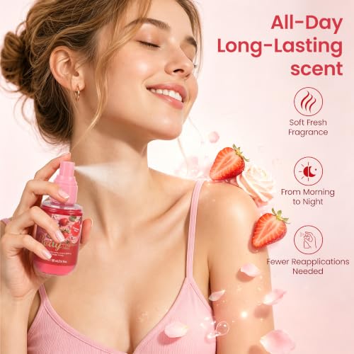 Image of Strawberry Scented Body Mist for Women, Gentle Fruity Fragrance Spray, Paraben Free, Phthalate Free, Vegan & Cruelty Free, Non-Greasy Quick-Dry Body Fragrance, 3.38 fl oz