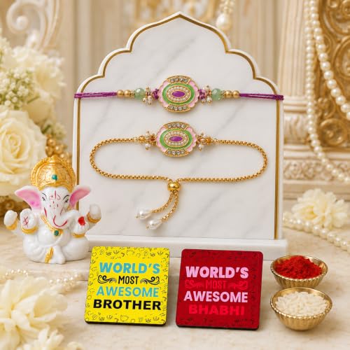 Image of Dreamica Designer Bhaiya Bhabhi Rakhi Set, Lord Ganesha Idol Showpiece, Fridge Magnet, Greeting Card and Tilak Set | Best Rakhi Gift for Brother