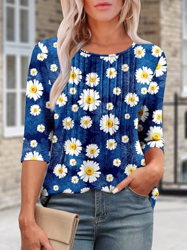 KISSMODA Tunic Tops for Women Loose Fit Dressy Round Neck Pleated 3/4 Length Sleeve Spring Tops