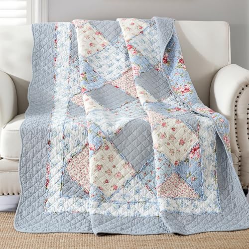 Qucover Single Bedspread Quilted Soft Cotton Blue Floral Patchwork Quilts, Quilted Blanket 127x152 cm