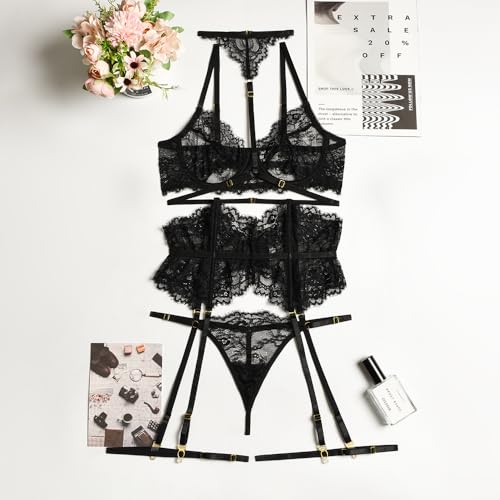 Elegant Lace Lingerie Set with Adjustable Straps and Garter Belt - Sheer Bra and Panty Ensemble for Women4
