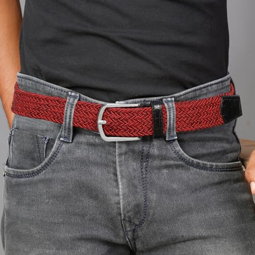 Image of LOUIS STITCH Men's Braided Elastic Stretch Belt with Leather Tipped End Stretchable Canvas Waist Band for Men Women Boys Girls Unisex (Width 3 cm) (BE-EL)