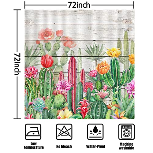 Cyrekud 72" X 72" Watercolor Cactus Shower Curtain Tropical Desert Succulent Plants Bathroom Set Southwest Tropical Plant Wooden Board Bathroom Decor Durable Fabric Machine Washable With 12 Hooks #TOP2