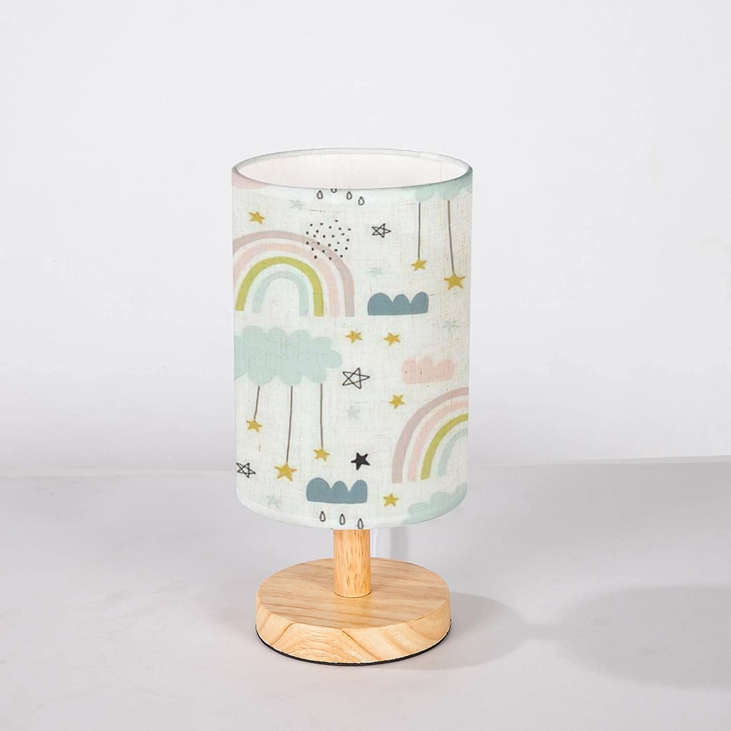 Minimalist Bedside Table Lamp Seamless Cute Pattern for Kids Children Rainbow Clouds Moon and Stars Solid Wood Nightstand Lamp Bedside Desk Lamp Wood Base Flaxen Fabric Shade, 5.5x11In
